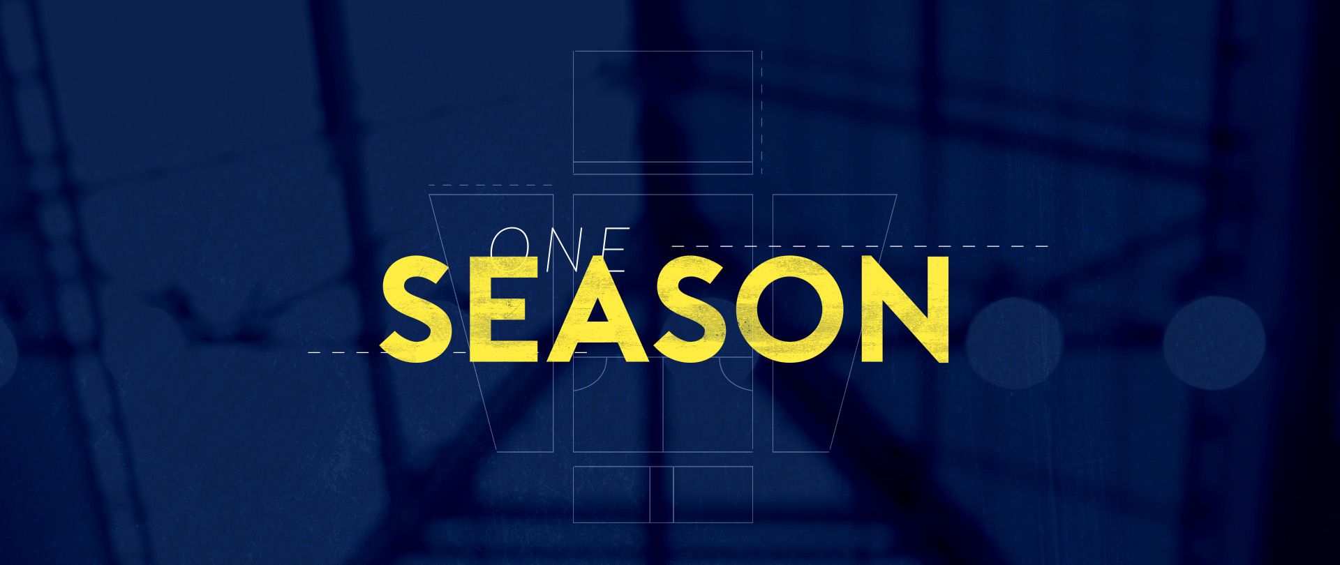 "ONE SEASON" text overlay and squash court geometric design overlaid on stylized footage of a squash court ceiling.